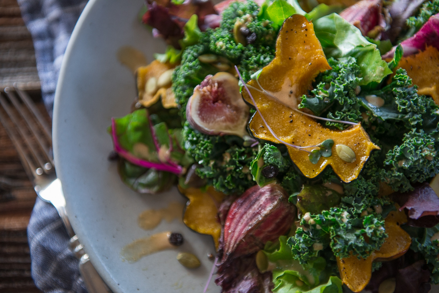 Allspice roasted squash with figs beets kale spiced tahini dressing