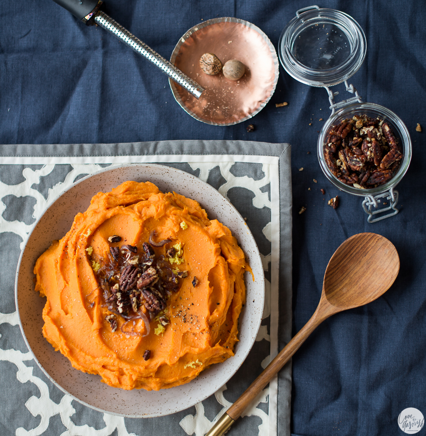 ginger cardamom sweet potatoes with caramelized onions and pomegranate molasses glazed pecans