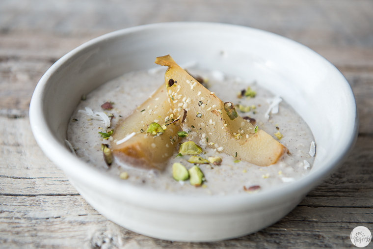 Creamy Coconut Millet Pudding with Christmas-Spiced Pears: star anise, cardamom, ginger