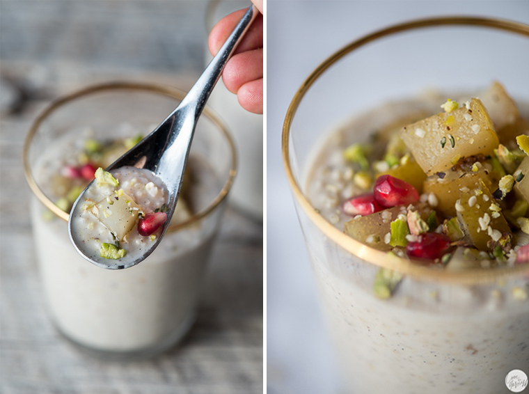 creamy coconut millet pudding with christmas spiced poached pears