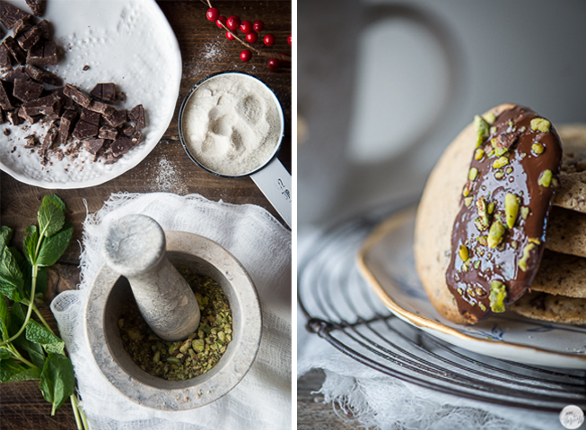 christmas dark chocolate dipped peppermint cookies with pistachios