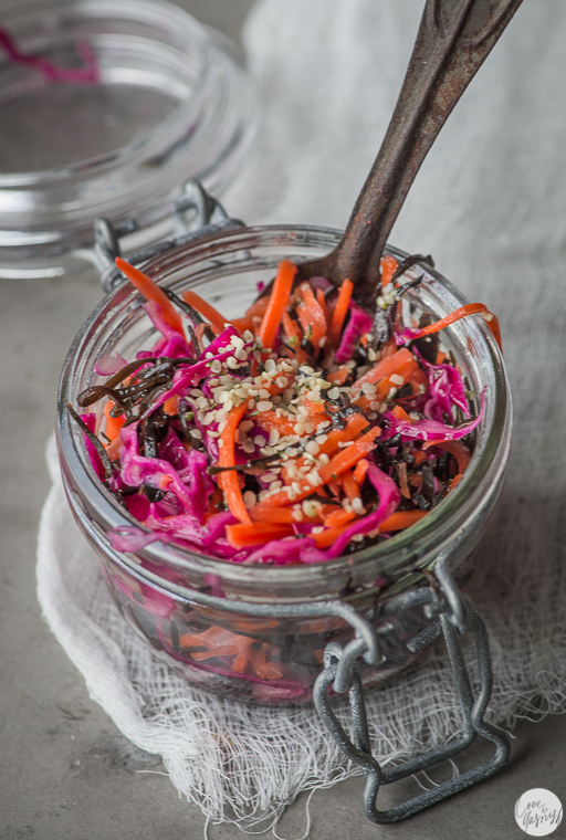 fermented ginger carrots and cabbage with arame hemp seeds miso sesame