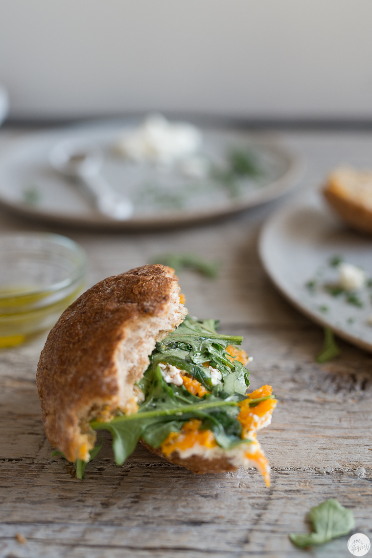 Maple Squash and Homemade Ricotta Sandwich with Arugula and Truffle Oil