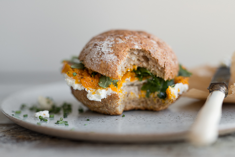 Maple Squash & Homemade Ricotta Sandwich with Arugula & Truffle Oil