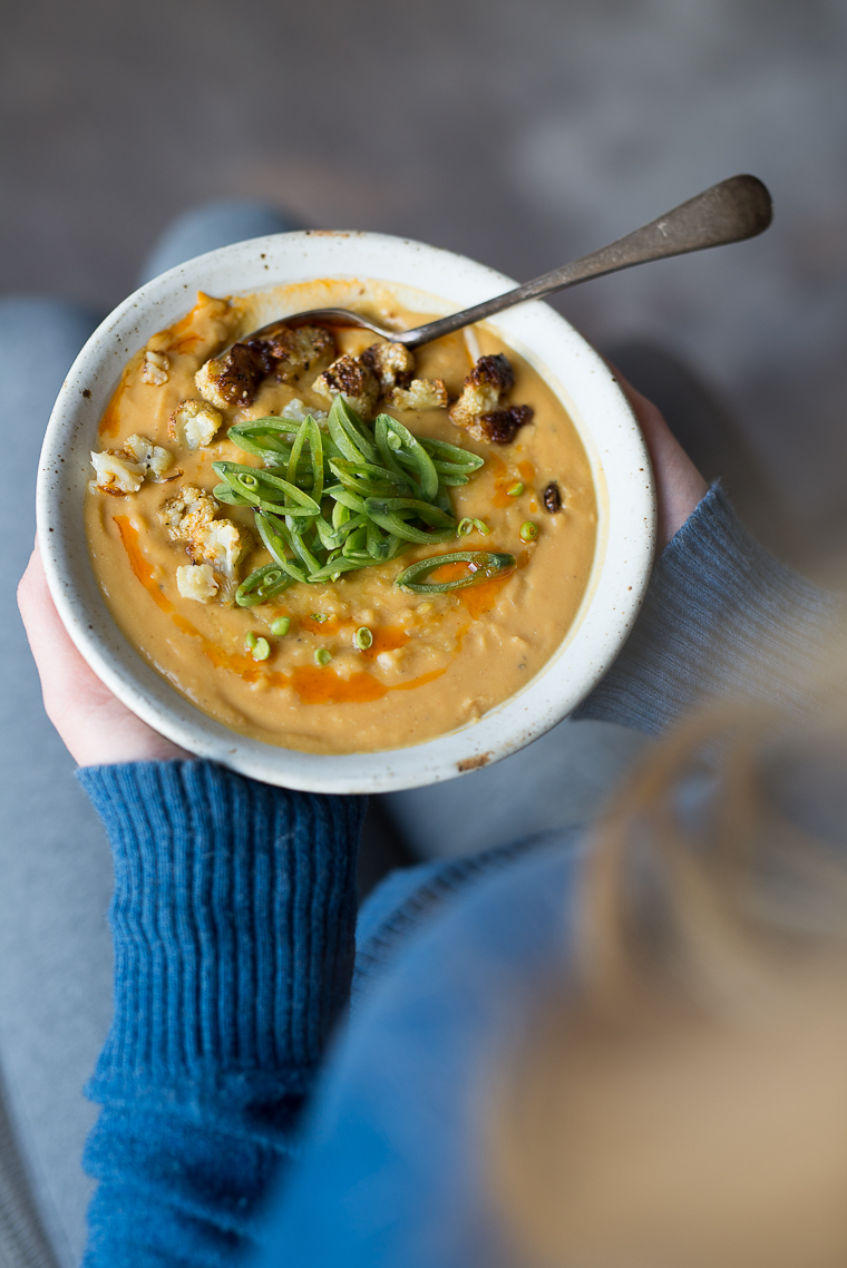 lentil and roasted cauliflower soup with chilli oil