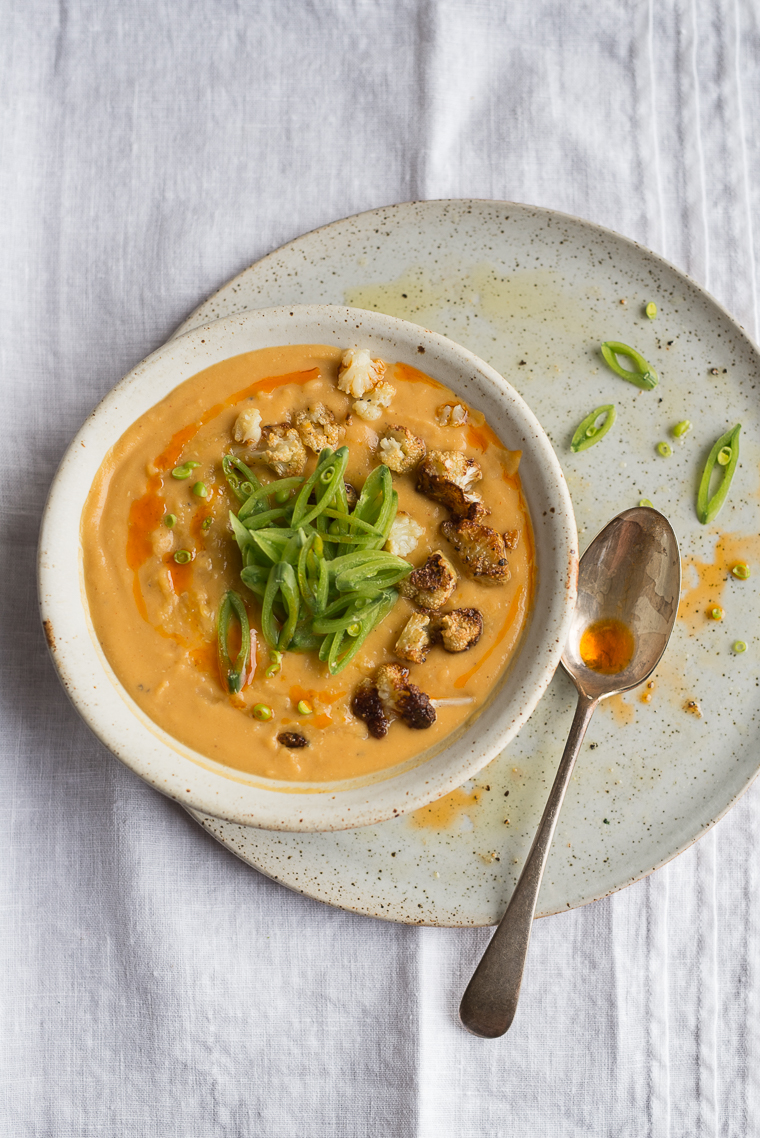 thai red lentil and roasted cauliflower soup with chile oil