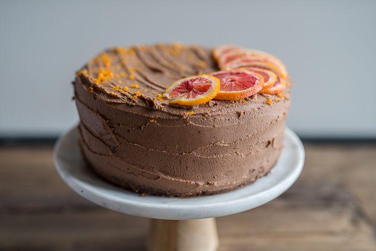 Double layer Chocolate Cardamom Cake with Spiced Vanilla Tea & Blood Orange Chocolate Ganache