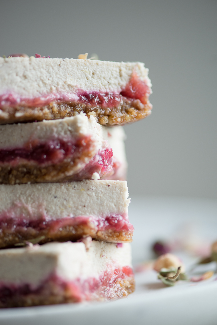 Lemon Coconut Squares with Rose-water stewed rhubarb