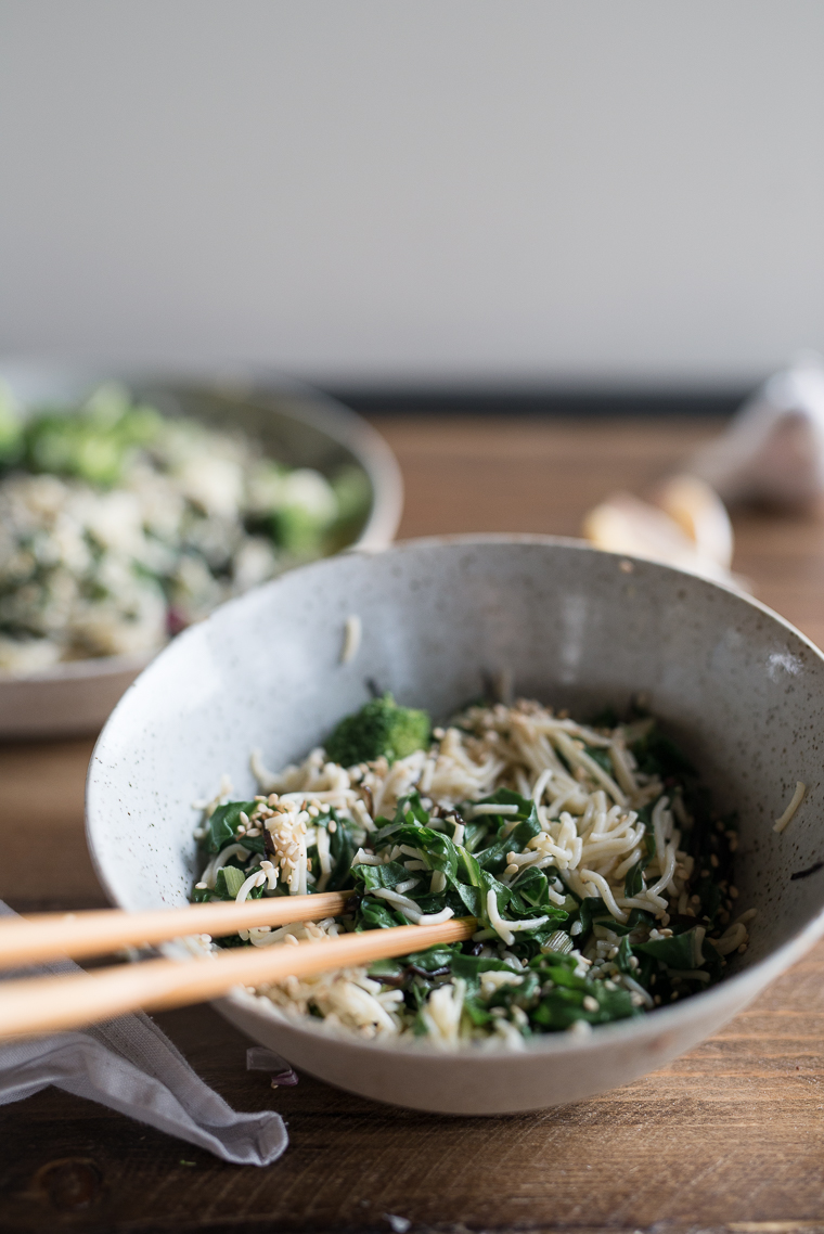 Asian gluten free brown rice ramen garlic greens kale swiss chard broccoli aramame seaweed soy sesame