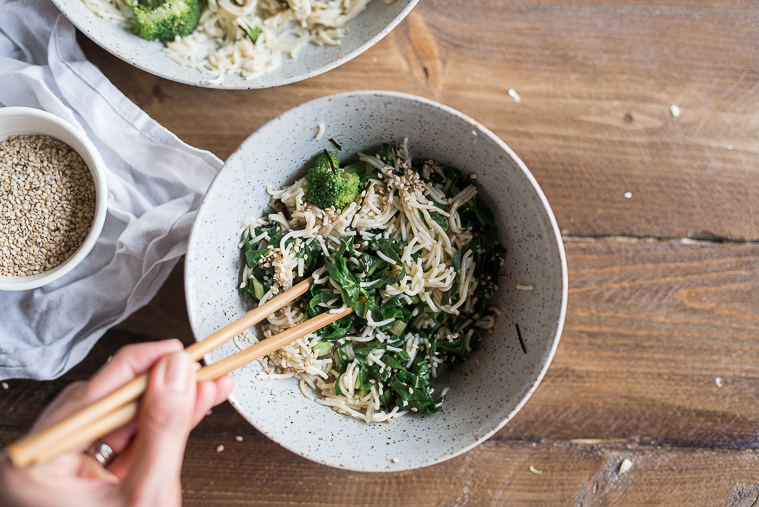 Asian gluten free rice ramen with garlicky greens kale swiss chard broccoli aramame seaweed