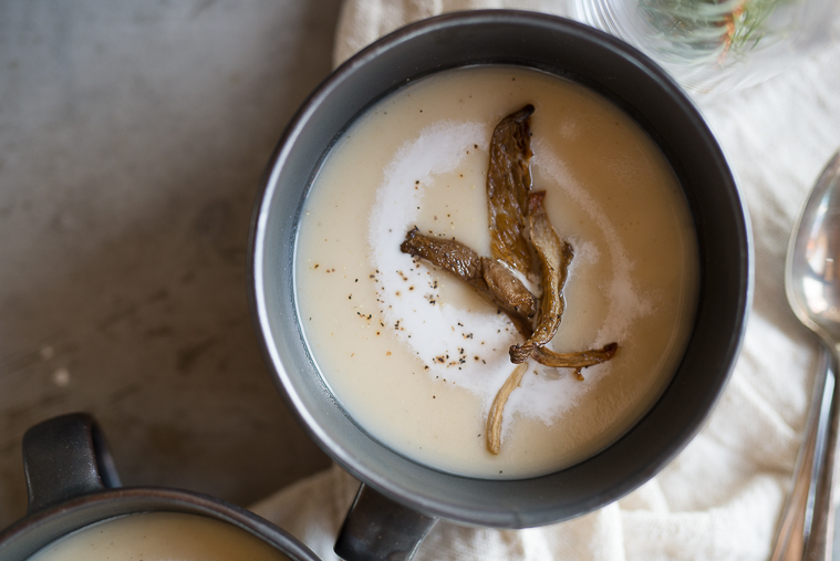 maple roasted sunchoke and cauliflower soup with chestnut mylk and roasted oyster mushrooms