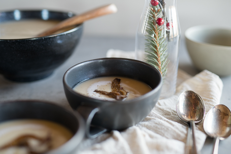 maple roasted sunchoke and cauliflower soup with chestnut mylk and roasted oyster mushrooms